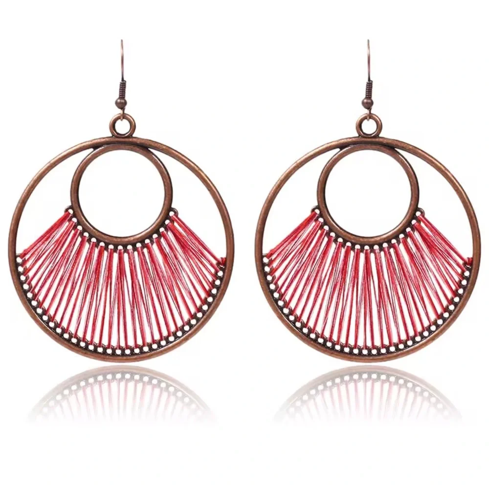 Earrings Boho Red Thread Circle Drop 2 Inches NEW - Picture 1 of 5
